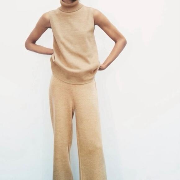 ZARA Tan Knit Sleeveless Turtleneck Lounge Set Two Piece Pants Outfit EUC S - Picture 13 of 13